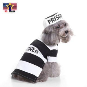 Pet Dog Pooch Prison Coat Hat Suit Clothes Dress Set Halloween Cosplay - Small